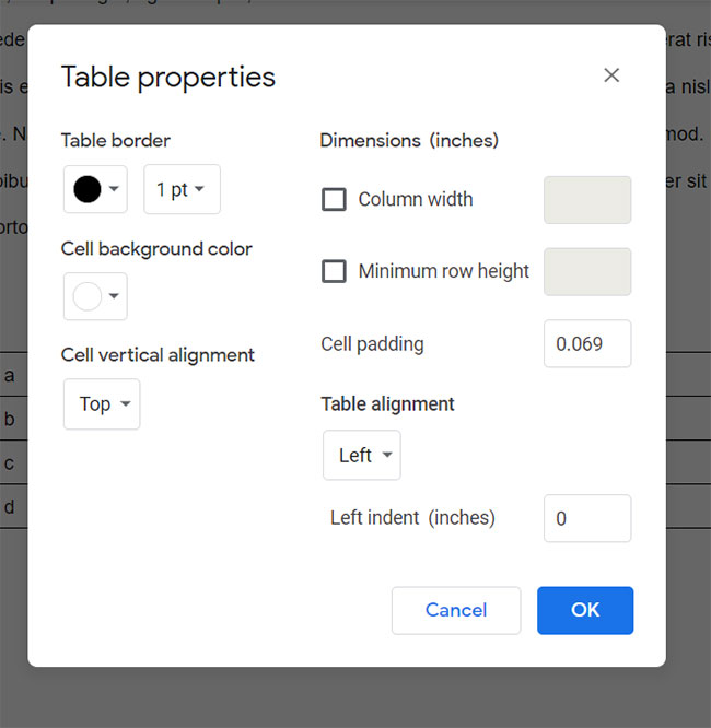 Google Docs table properties menu