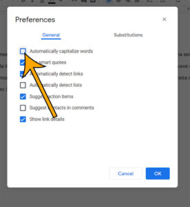 how to disable auto capitalize in Google Docs