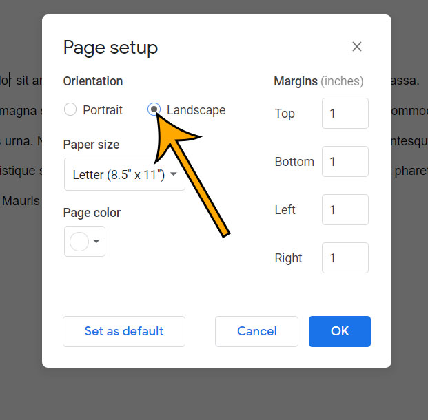 how to make Google Docs landscape