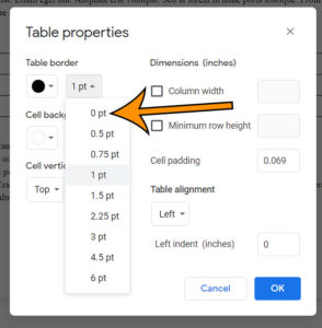 how to delete the table border in Google Docs