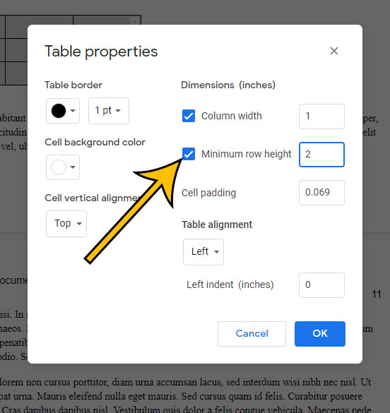 how to set the minimum row height for a Google Docs table
