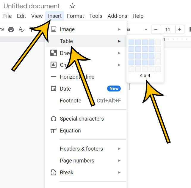 how to insert a Google Docs table