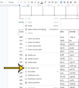 how to pin a header row in a Google Docs table