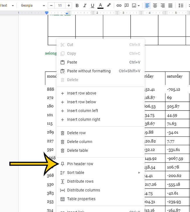 what does pin header row mean for a google docs table
