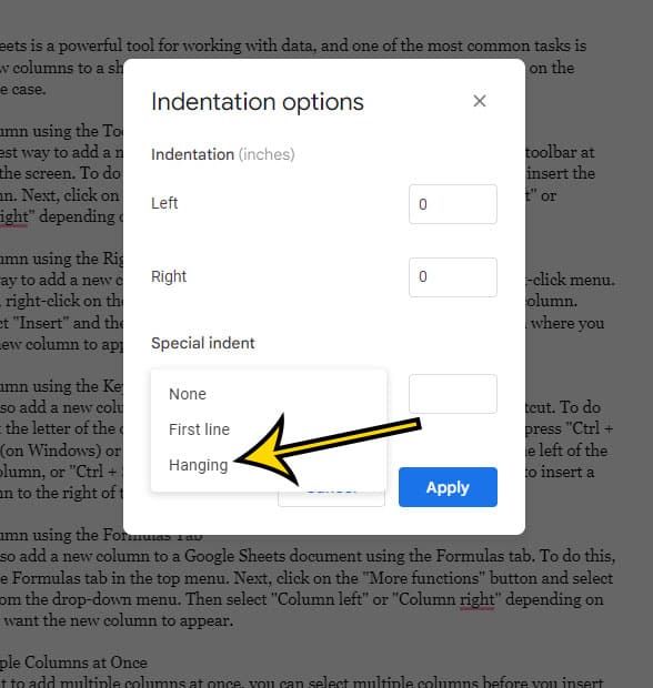 how to do a hanging indent on Google Docs