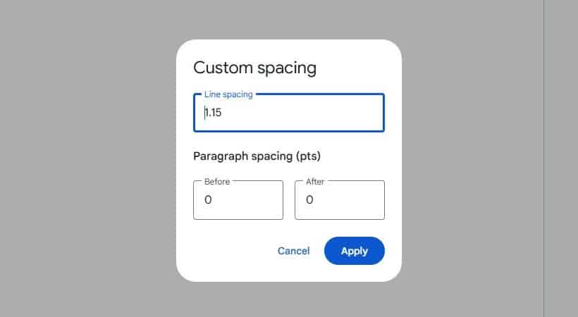 Google Docs Custom spacing dialog with Before and After paragraph spacing fields