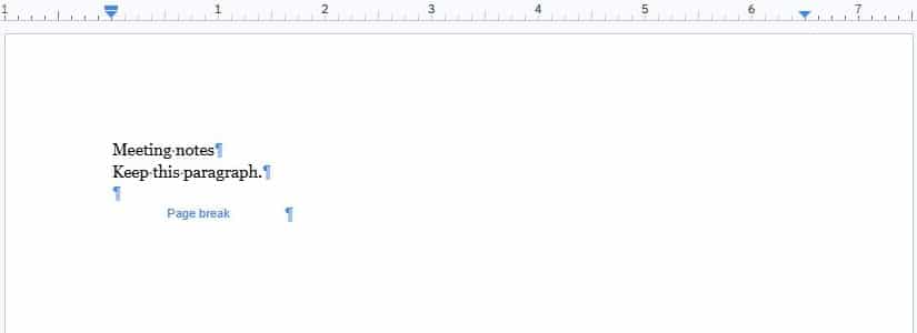 A blue Page break label and paragraph marks in a Google Docs example