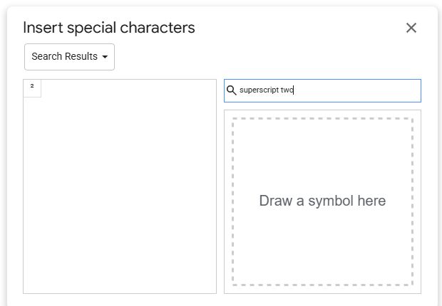Google Docs special-character picker displaying the superscript two character for the search superscript two