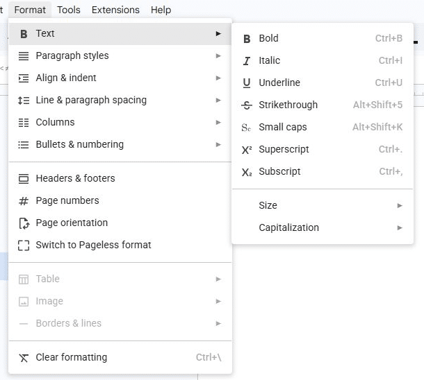 Google Docs Format menu with the Text submenu showing Superscript and its Ctrl plus period shortcut