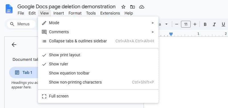Google Docs View menu showing Show non-printing characters