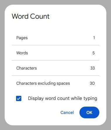 Google Docs Word count dialog showing 5 words, character totals and Display word count while typing