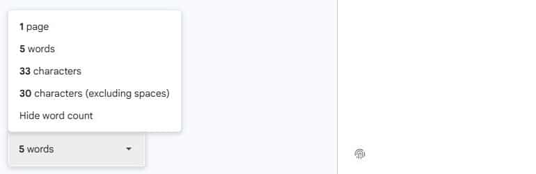 Google Docs live word counter expanded at the lower left with Hide word count option