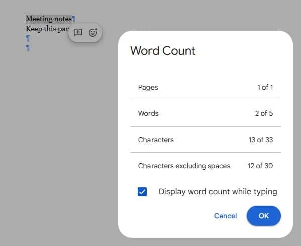 Two words selected in Google Docs with the Word count dialog showing 2 of 5 words
